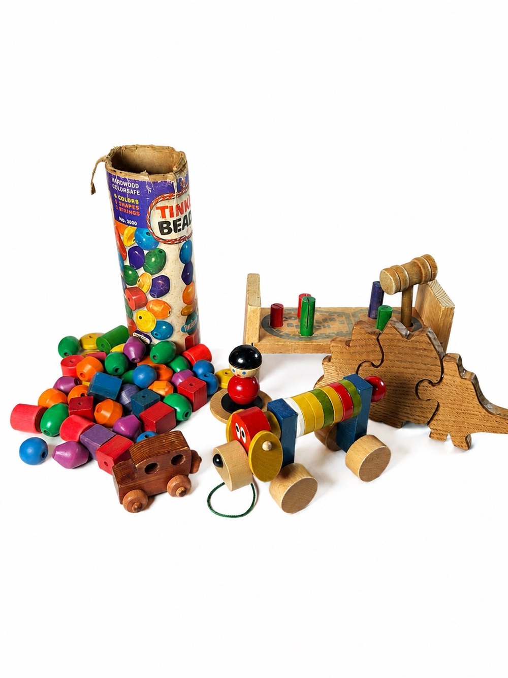 Lot of 5 Vintage Wooden Toys Tinker Beads Peg Bench Pull Dog Dino Car Set